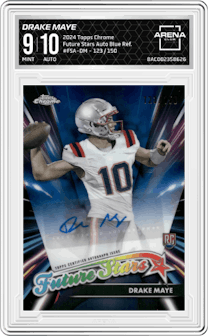 Drake Maye from the 2024 Topps Chrome set featuring a Blue Refractor parallel graded by Arena Club and given an overall grade of 9.