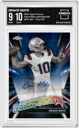 Drake Maye from the 2024 Topps Chrome set featuring a Blue Refractor parallel graded by Arena Club and given an overall grade of 9.