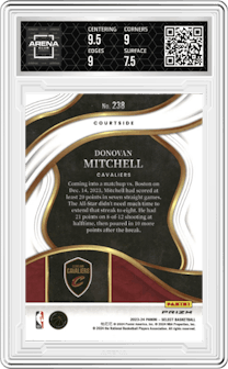 Donovan Mitchell from the 2023-24 Panini Select  set featuring a Zebra Prizm parallel graded by Arena Club and given an overall grade of 8.