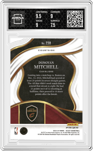 Donovan Mitchell from the 2023-24 Panini Select  set featuring a Zebra Prizm parallel graded by Arena Club and given an overall grade of 8.