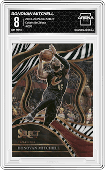 Donovan Mitchell from the 2023-24 Panini Select  set featuring a Zebra Prizm parallel graded by Arena Club and given an overall grade of 8.