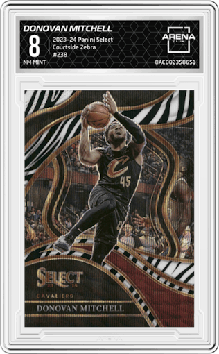Donovan Mitchell from the 2023-24 Panini Select  set featuring a Zebra Prizm parallel graded by Arena Club and given an overall grade of 8.