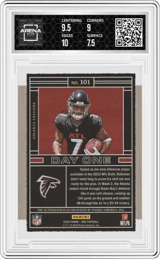Bijan Robinson from the 2023 Panini One set featuring a Bronze parallel graded by Arena Club and given an overall grade of 8.
