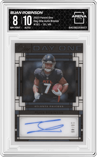 Bijan Robinson from the 2023 Panini One set featuring a Bronze parallel graded by Arena Club and given an overall grade of 8.