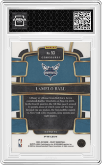 LaMelo Ball from the 2023-24 Panini Select  set featuring a Tiger parallel graded by Arena Club and given an overall grade of 0.