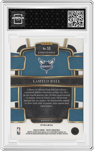 LaMelo Ball from the 2023-24 Panini Select  set featuring a Tiger parallel graded by Arena Club.