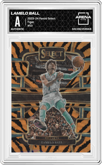 LaMelo Ball from the 2023-24 Panini Select  set featuring a Tiger parallel graded by Arena Club and given an overall grade of 0.