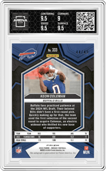 Keon Coleman  from the 2024 Panini Mosaic set featuring a Purple Mosaic parallel graded by Arena Club and given an overall grade of 9.5.