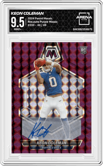 Keon Coleman  from the 2024 Panini Mosaic set featuring a Purple Mosaic parallel graded by Arena Club and given an overall grade of 9.5.