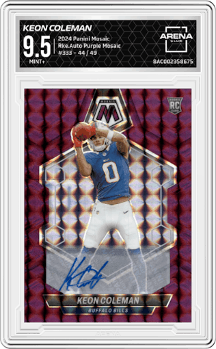 Keon Coleman  from the 2024 Panini Mosaic set featuring a Purple Mosaic parallel graded by Arena Club and given an overall grade of 9.5.