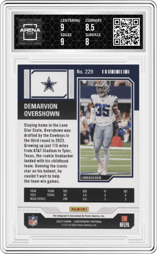 Demarvion Overshown from the 2023 Panini Contenders set featuring a Divisional Ticket parallel graded by Arena Club and given an overall grade of 8.5.