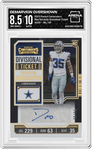 Demarvion Overshown from the 2023 Panini Contenders set featuring a Divisional Ticket parallel graded by Arena Club and given an overall grade of 8.5.