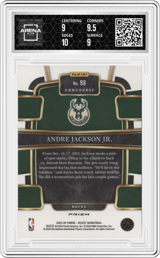 Andre Jackson Jr. from the 2023-24 Panini Select  set featuring a Tiger parallel graded by Arena Club and given an overall grade of 9.5.