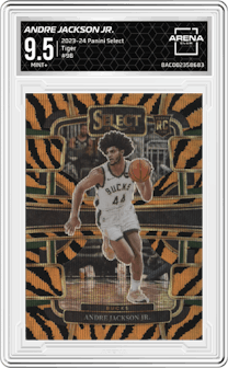 Andre Jackson Jr. from the 2023-24 Panini Select  set featuring a Tiger parallel graded by Arena Club and given an overall grade of 9.5.