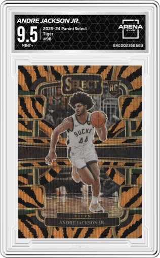 Andre Jackson Jr. from the 2023-24 Panini Select  set featuring a Tiger parallel graded by Arena Club and given an overall grade of 9.5.