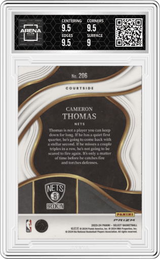 Cameron Thomas  from the 2023-24 Panini Select  set featuring a Zebra Prizm parallel graded by Arena Club and given an overall grade of 9.5.