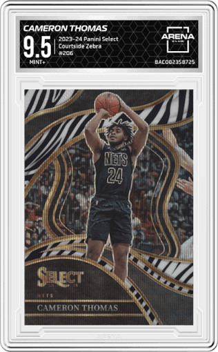 Cameron Thomas  from the 2023-24 Panini Select  set featuring a Zebra Prizm parallel graded by Arena Club and given an overall grade of 9.5.