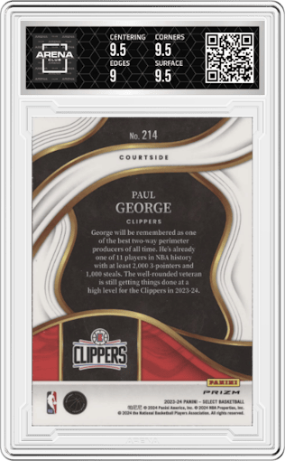 Paul George from the 2023-24 Panini Select  set featuring a Zebra Prizm parallel graded by Arena Club and given an overall grade of 9.5.