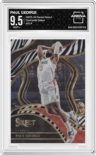 Paul George from the 2023-24 Panini Select  set featuring a Zebra Prizm parallel graded by Arena Club and given an overall grade of 9.5.