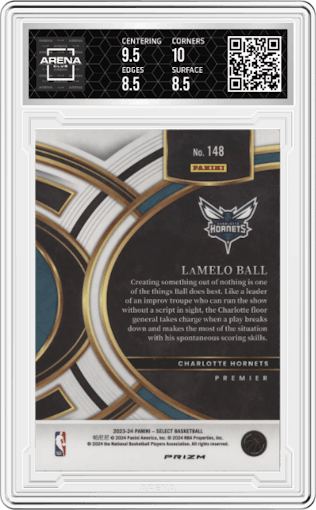 Lamelo Ball from the 2023-24 Panini Select  set featuring a Tiger parallel graded by Arena Club and given an overall grade of 9.