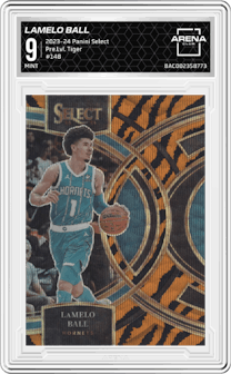 Lamelo Ball from the 2023-24 Panini Select  set featuring a Tiger parallel graded by Arena Club and given an overall grade of 9.