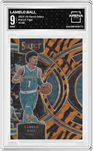 Lamelo Ball from the 2023-24 Panini Select  set featuring a Tiger parallel graded by Arena Club and given an overall grade of 9.