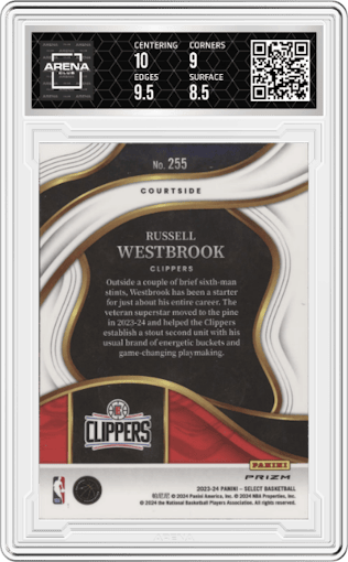 Russell Westbrook from the 2023-24 Panini Select  set featuring a Elephant parallel graded by Arena Club and given an overall grade of 9.
