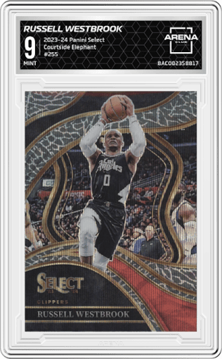 Russell Westbrook from the 2023-24 Panini Select  set featuring a Elephant parallel graded by Arena Club and given an overall grade of 9.