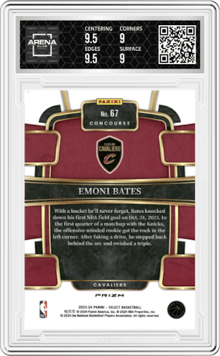 Emoni Bates from the 2023-24 Panini Select  set featuring a Elephant Prizm parallel graded by Arena Club and given an overall grade of 9.5.