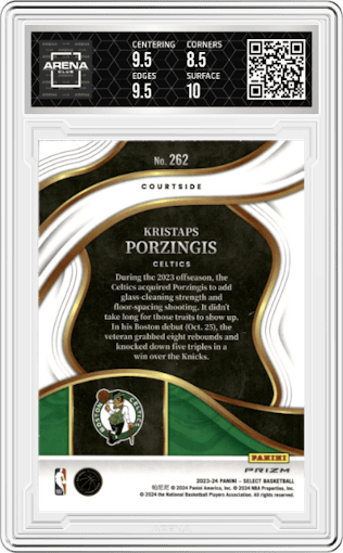 Kristaps Porzingis from the 2023-24 Panini Select  set featuring a Elephant parallel graded by Arena Club and given an overall grade of 9.