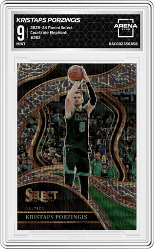 Kristaps Porzingis from the 2023-24 Panini Select  set featuring a Elephant parallel graded by Arena Club and given an overall grade of 9.
