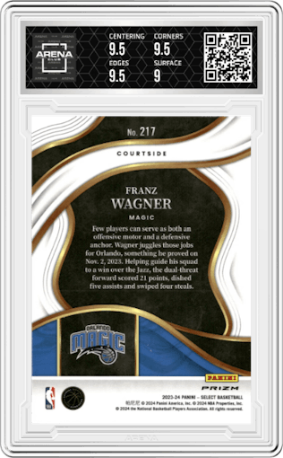 Franz Wagner from the 2023-24 Panini Select  set featuring a Zebra Prizm parallel graded by Arena Club and given an overall grade of 9.5.