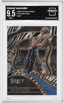 Franz Wagner from the 2023-24 Panini Select  set featuring a Zebra Prizm parallel graded by Arena Club and given an overall grade of 9.5.