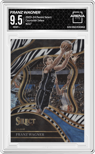 Franz Wagner from the 2023-24 Panini Select  set featuring a Zebra Prizm parallel graded by Arena Club and given an overall grade of 9.5.