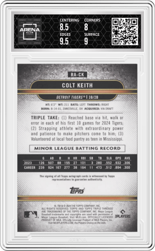 Colt Keith from the 2024 Topps Triple Threads set featuring a Emerald parallel graded by Arena Club and given an overall grade of 8.5.