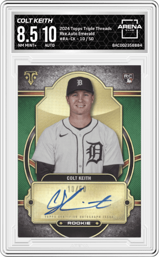 Colt Keith from the 2024 Topps Triple Threads set featuring a Emerald parallel graded by Arena Club and given an overall grade of 8.5.
