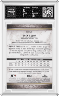 Zack Gelof from the 2024 Topps Triple Threads set featuring a Gold parallel graded by Arena Club and given an overall grade of 7.5.