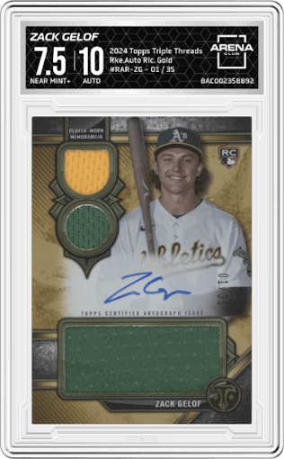 Zack Gelof from the 2024 Topps Triple Threads set featuring a Gold parallel graded by Arena Club and given an overall grade of 7.5.
