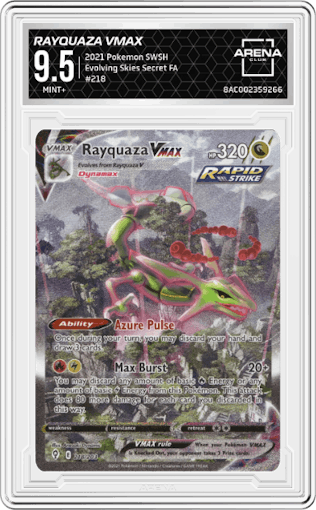 Rayquaza VMAX from the 2021 Pokemon SWSH set graded by Arena Club and given an overall grade of 9.5.