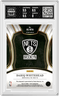 Dariq Whitehead  from the 2023-24 Panini Select  set featuring a Black Snake Skin Pulsar Prizms FOTL parallel graded by Arena Club and given an overall grade of 8.5.