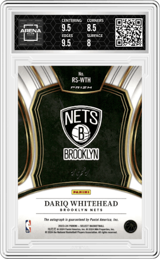 Dariq Whitehead  from the 2023-24 Panini Select  set featuring a Black Snake Skin Pulsar Prizms FOTL parallel graded by Arena Club and given an overall grade of 8.5.