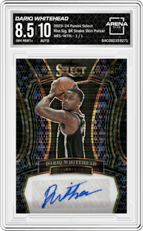 Dariq Whitehead  from the 2023-24 Panini Select  set featuring a Black Snake Skin Pulsar Prizms FOTL parallel graded by Arena Club and given an overall grade of 8.5.