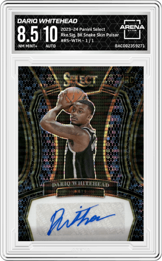 Dariq Whitehead  from the 2023-24 Panini Select  set featuring a Black Snake Skin Pulsar Prizms FOTL parallel graded by Arena Club and given an overall grade of 8.5.