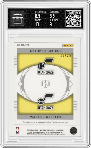 Keyonte George/Walker Kessler from the 2023-24 Panini National Treasures set graded by Arena Club and given an overall grade of 9.