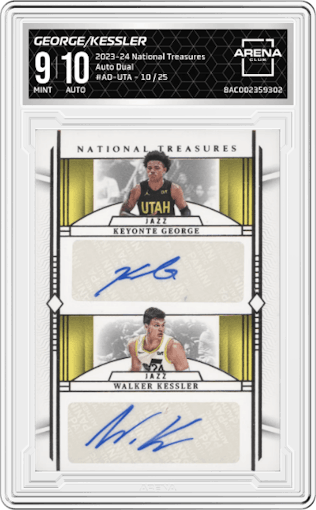 Keyonte George/Walker Kessler from the 2023-24 Panini National Treasures set graded by Arena Club and given an overall grade of 9.