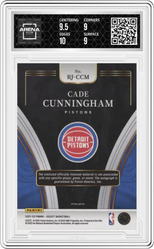 Cade Cunningham from the 2021-22 Panini Select set featuring a Red Wave parallel graded by Arena Club and given an overall grade of 9.5.