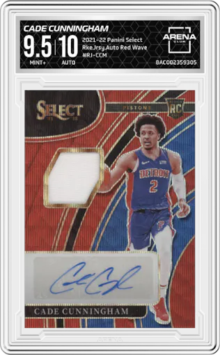 Cade Cunningham from the 2021-22 Panini Select set featuring a Red Wave parallel graded by Arena Club and given an overall grade of 9.5.