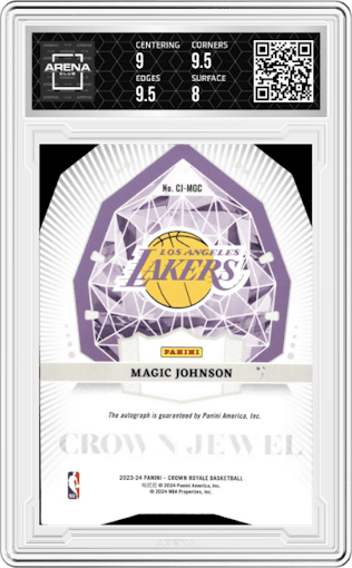 Magic Johnson from the 2023-24 Panini Crown Royale  set graded by Arena Club and given an overall grade of 8.5.