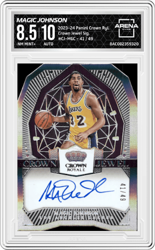 Magic Johnson from the 2023-24 Panini Crown Royale  set graded by Arena Club and given an overall grade of 8.5.