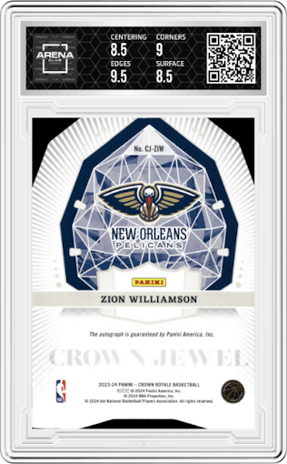 Zion Williamson from the 2023-24 Panini Crown Royale  set graded by Arena Club and given an overall grade of 9.